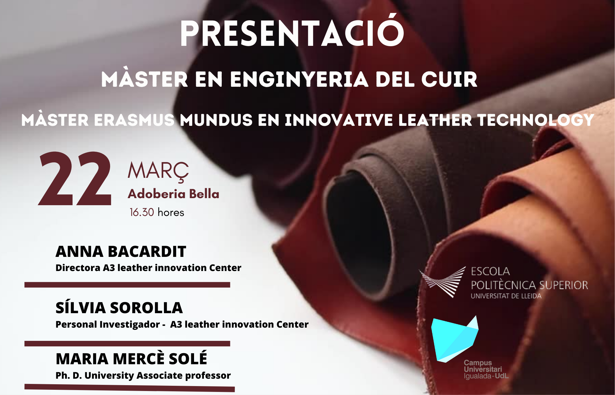 Sessió de Presentació del Màster en Enginyeria del Cuir i el Màster Universitari Erasmus Mundus en Innovative Leather Technology.