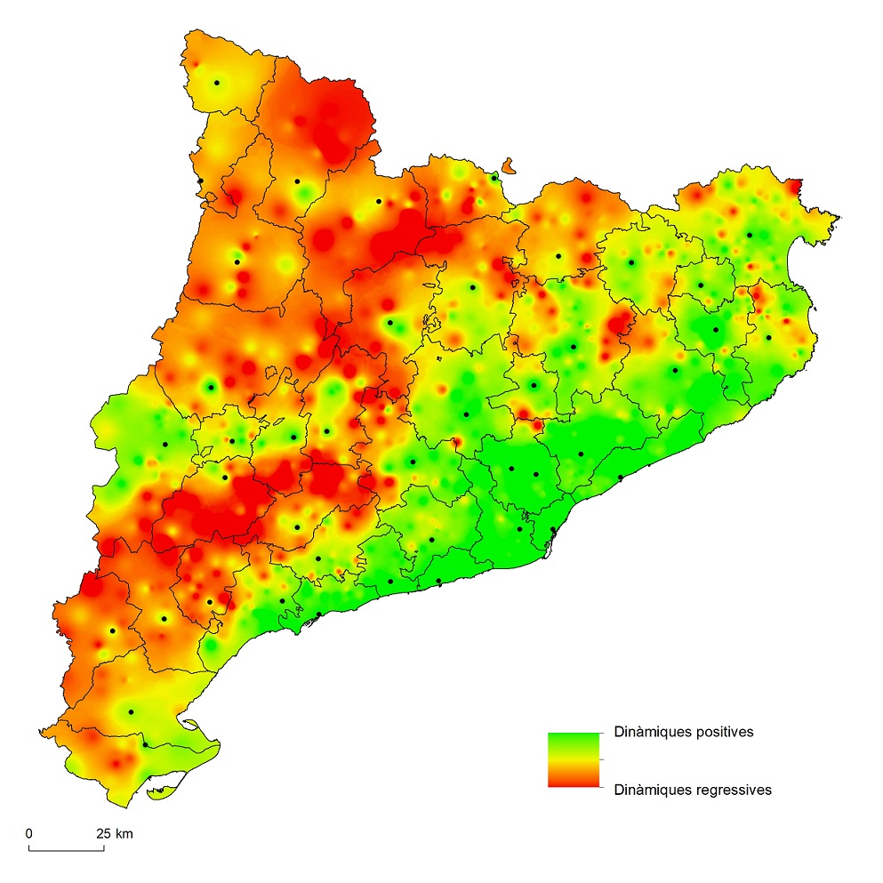 Mapa 14. Municipis i sistemes urbans a la cua de la dinàmica demogràfica i econòmica