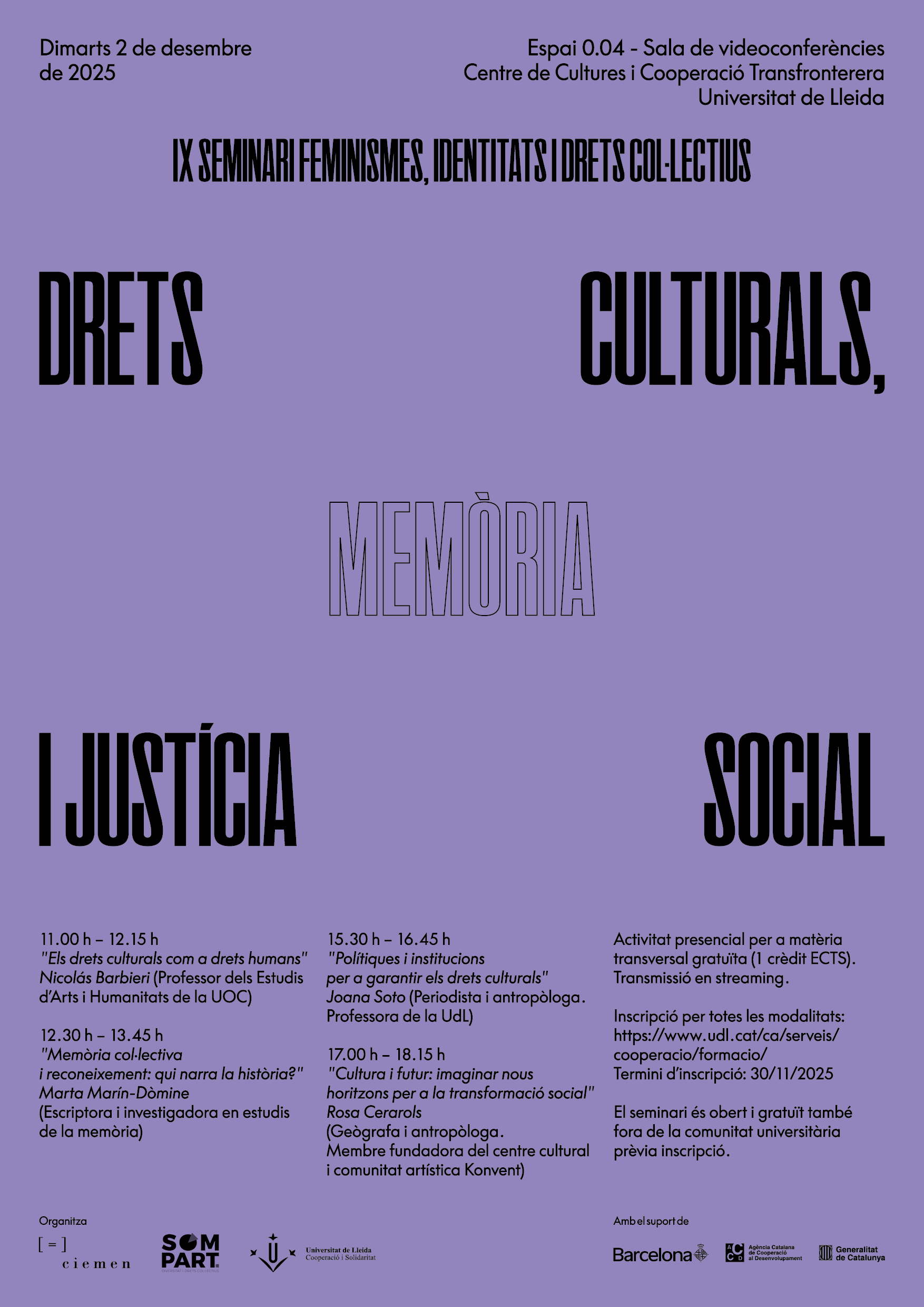 IX Seminari Feminismes, identitats i drets col·lectius sobre "Drets culturals, memòria i justícia social"