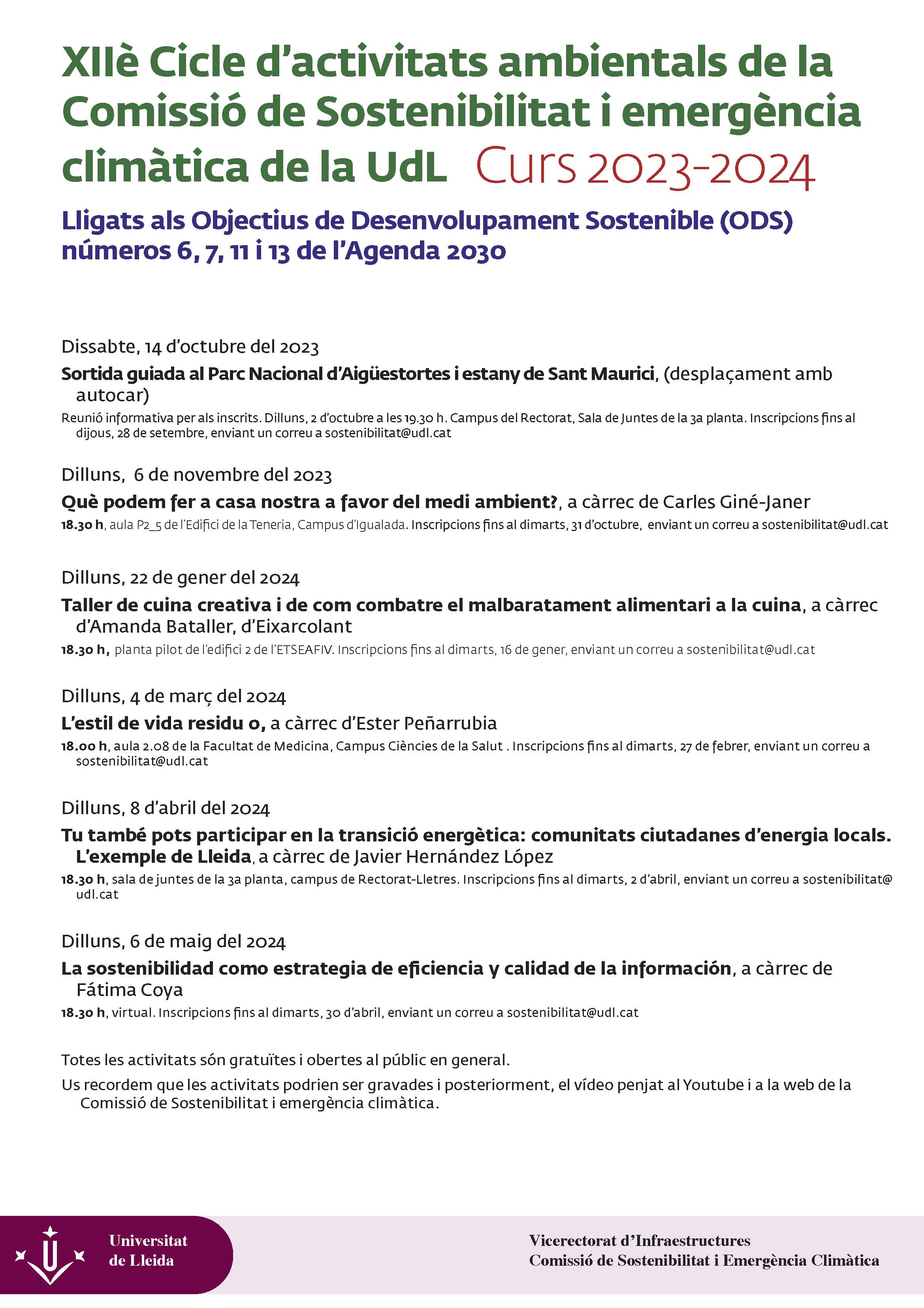 12è Cicle d'activitats ambientals de la Comissió de Sostenibilitat i emergència climàtica de la UdL