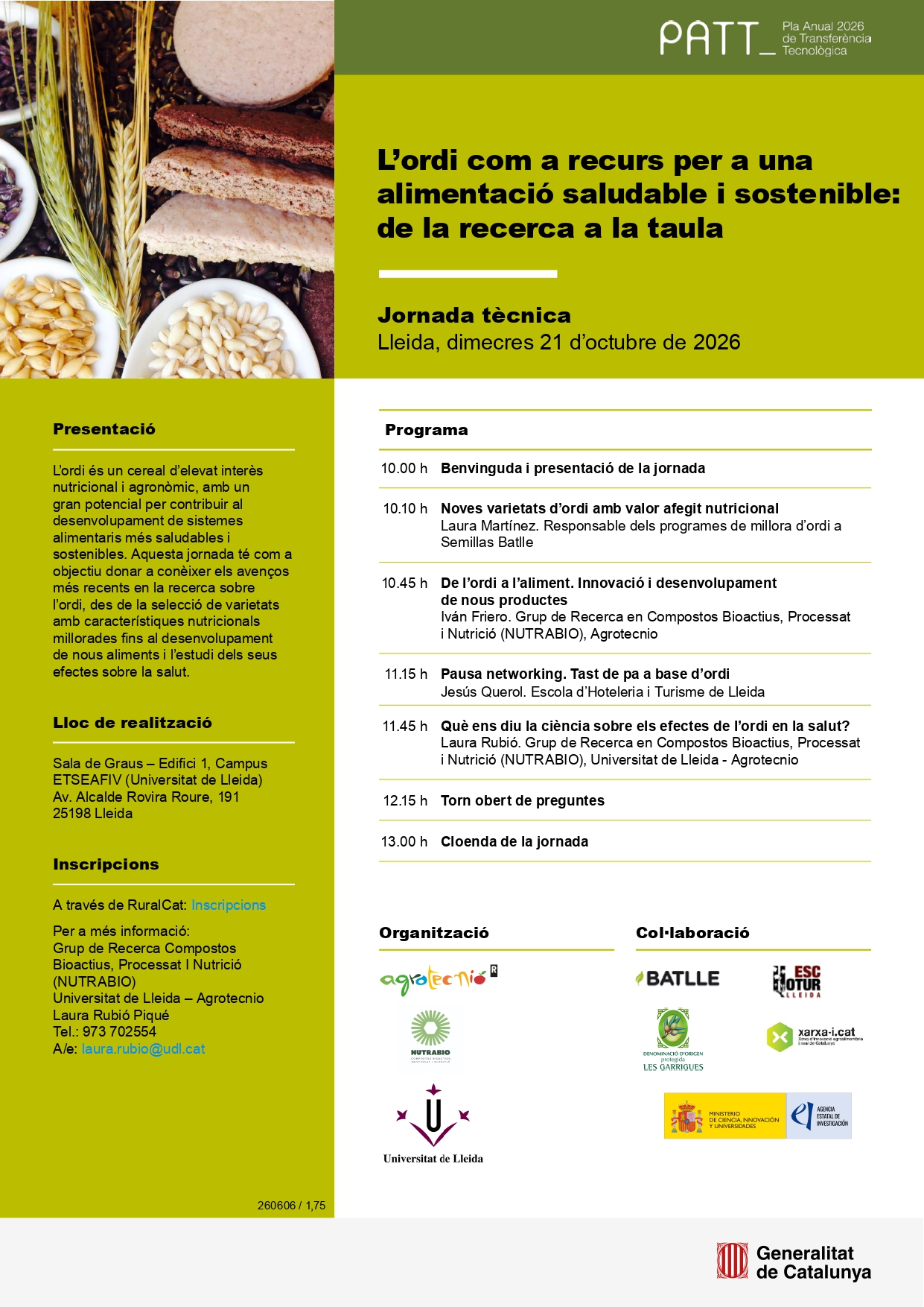 Jornada Tècnica: L’ordi com a recurs per a una alimentació saludable i sostenible: de la recerca a la taula.