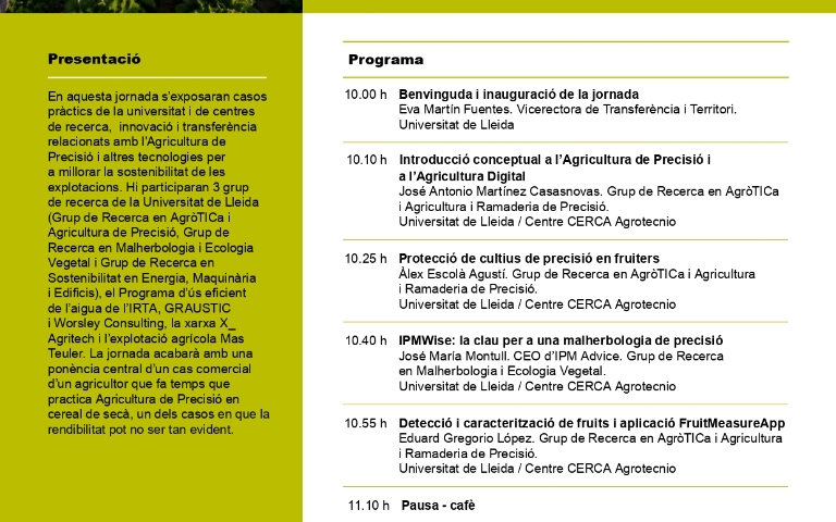 Jornada Tècnica: Recerca i Innovació per a la sostenibilitat: Agricultura de Precisió i tecnologia del laboratori al camp