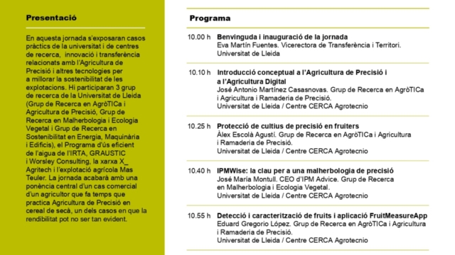 Jornada Tècnica: Recerca i Innovació per a la sostenibilitat: Agricultura de Precisió i tecnologia del laboratori al camp